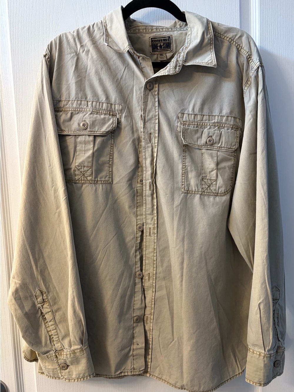 Converse Men's Light Beige Button-Up Utility Shirt Jacket Y2K Fishing Outdoor